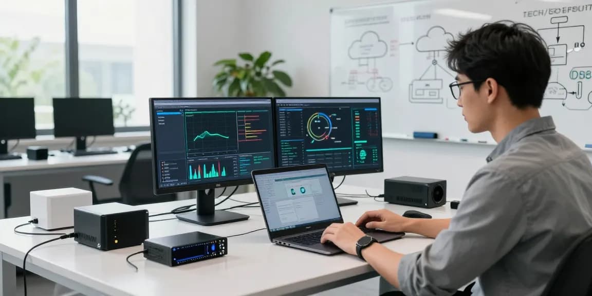 Engineer exploring edge computing technology with analytics on dual monitors in a modern tech lab.