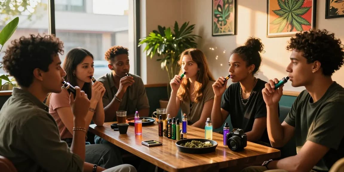 Friends enjoying weed vapes in a stylish lounge setting with vibrant decor and warm lighting.