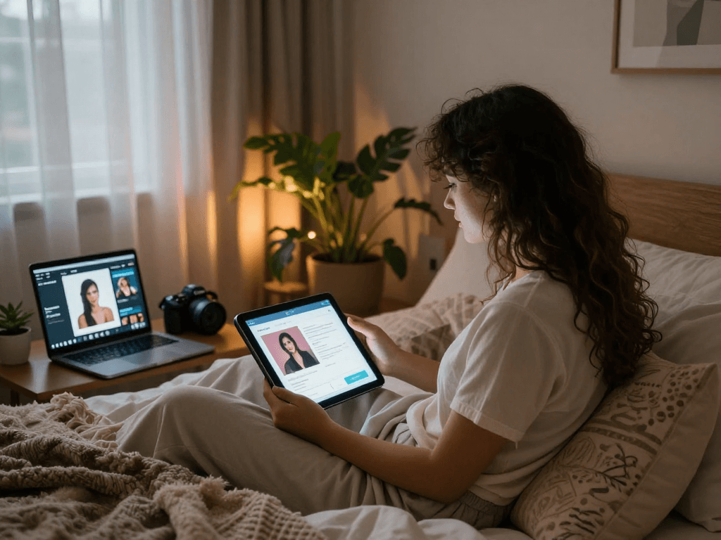 Couple exploring ai sex technology in an intimate bedroom setting with soft lighting.