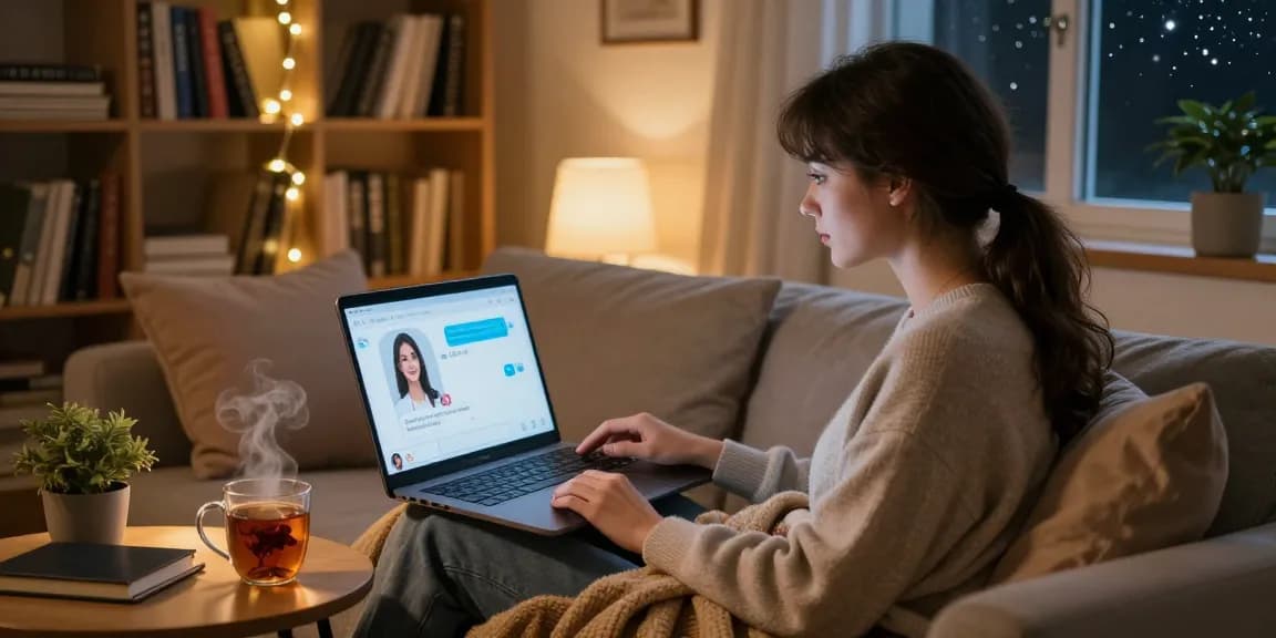 Engaging in an ai chat nsfw experience in a cozy home office, showcasing an interactive AI companion on a laptop.