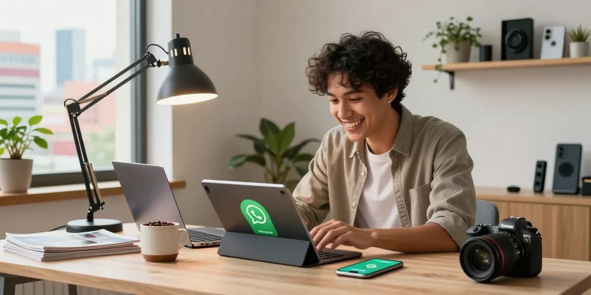 Young professional downloading WhatsApp下載 on a tablet in a bright home office.