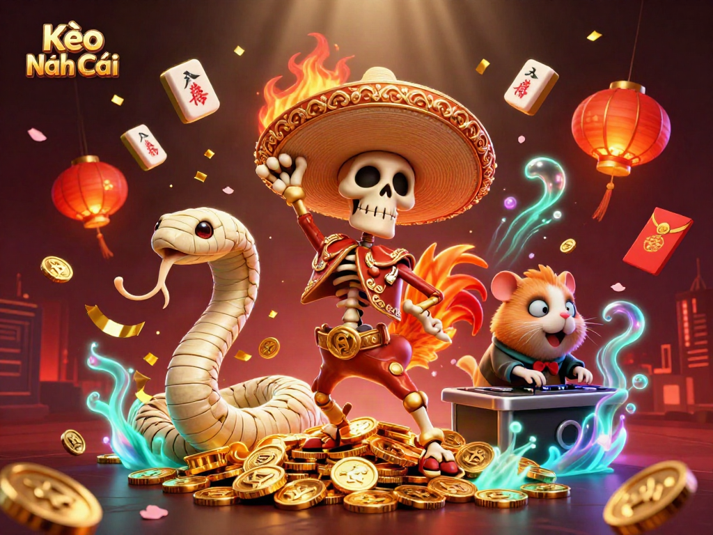 Kèo Nhà Cái: A vibrant 3D illustration features a mariachi rooster championing a lively casino scene.