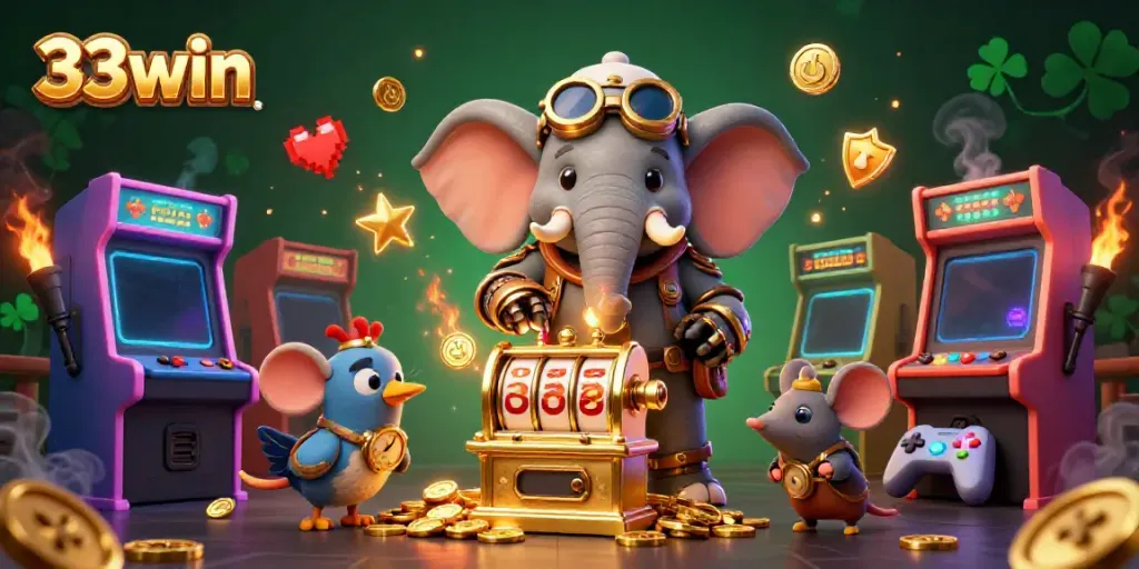 Engaging scene showcasing the 33win steampunk elephant engineer with gaming elements, highlighting vibrant casino excitement.