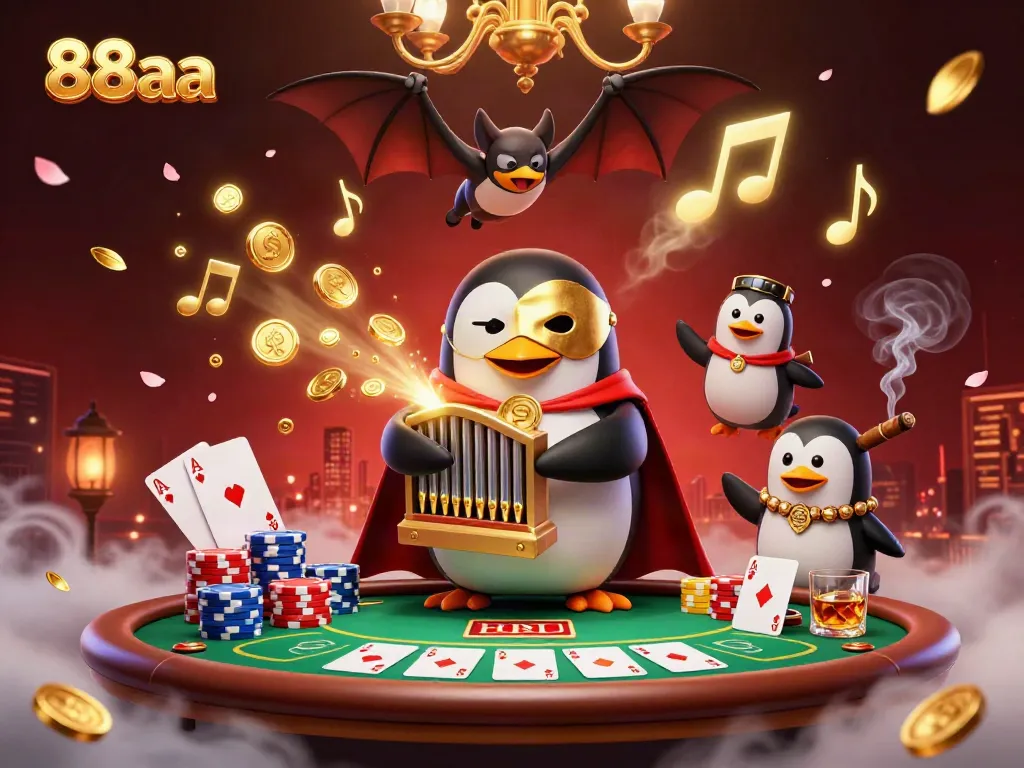Experience the lively action at 88aa with a phantom opera penguin leading a vibrant casino scene.