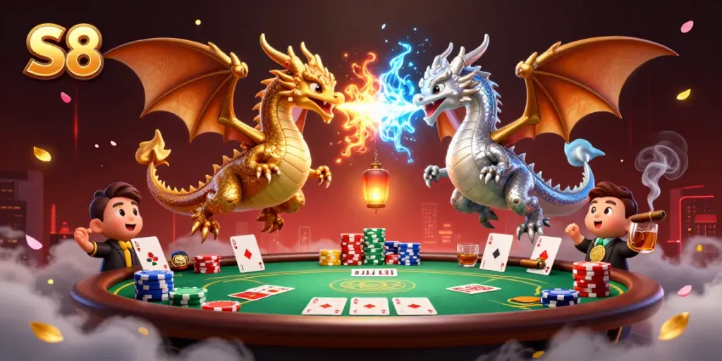 Engage in thrilling gameplay at S8 with a vibrant dragon duel and poker elements surrounding the action.