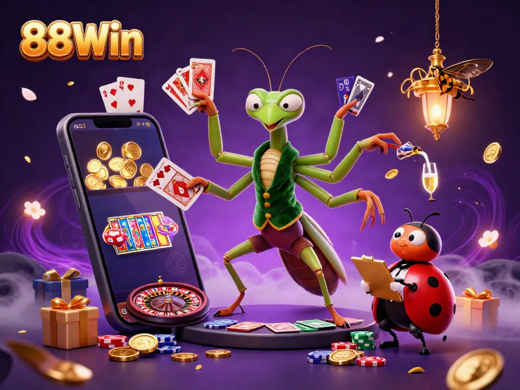 Experience the thrill of 88Win as a giant mantis card sharp showcases skills with chips and cards in a vibrant casino scene.