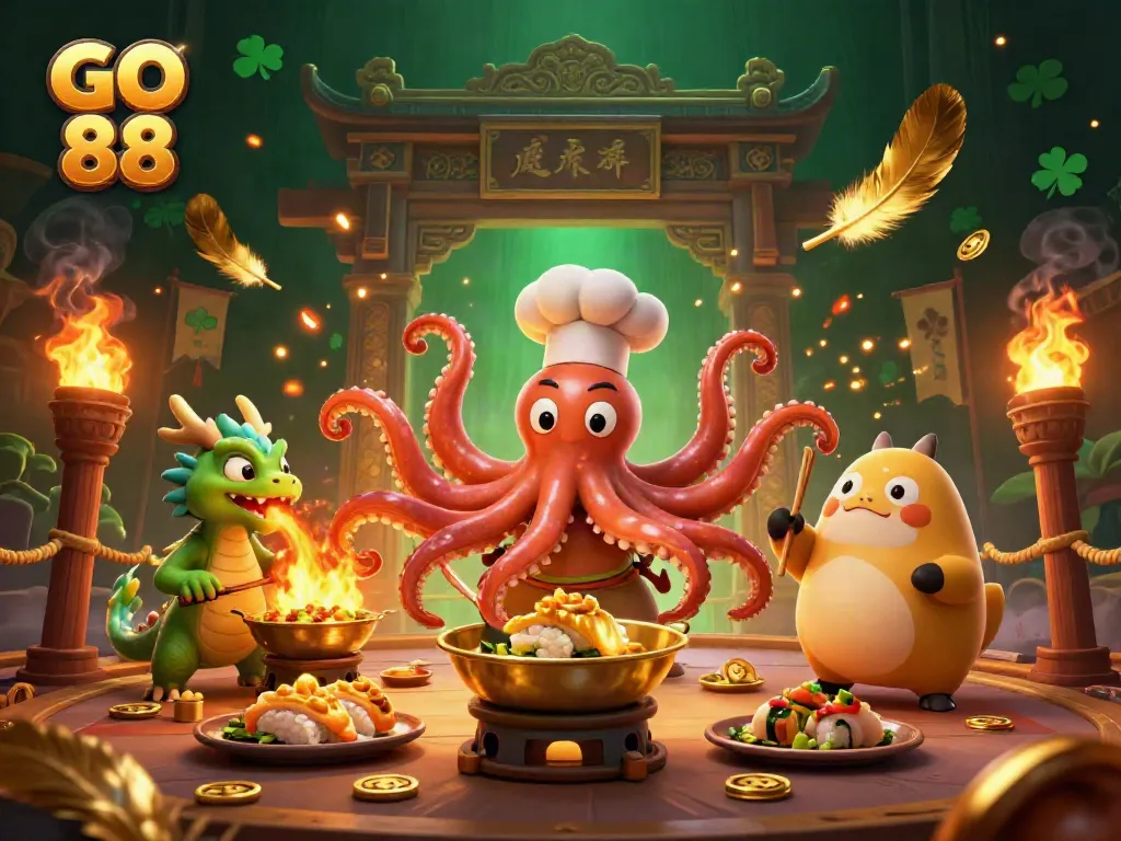 Engage with GO 88’s thrilling adventure as a sushi chef octopus whips up golden dishes in a vibrant casino scene.