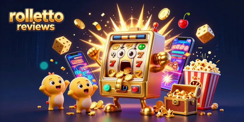 rolletto reviews showcase a vibrant scene of a golden slot machine celebrating its jackpot, surrounded by cheerful baby slots and festive elements.