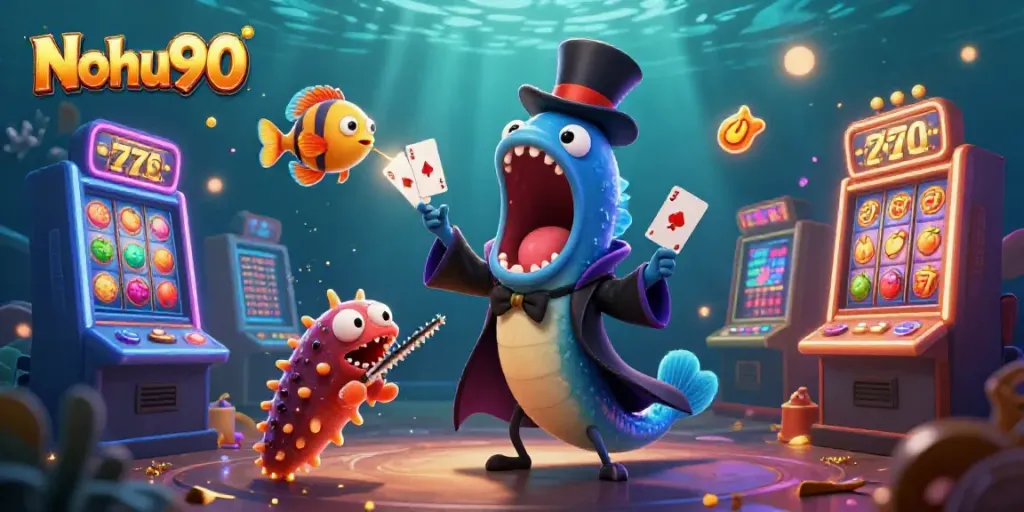 Nohu90 shows a magical underwater scene with gambling characters and colorful slot machines.
