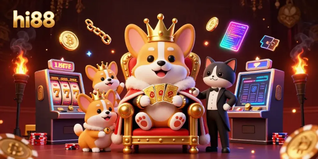 Experience the exciting gaming scene of hi88 with a royal corgi on a poker throne and dynamic slot machines.