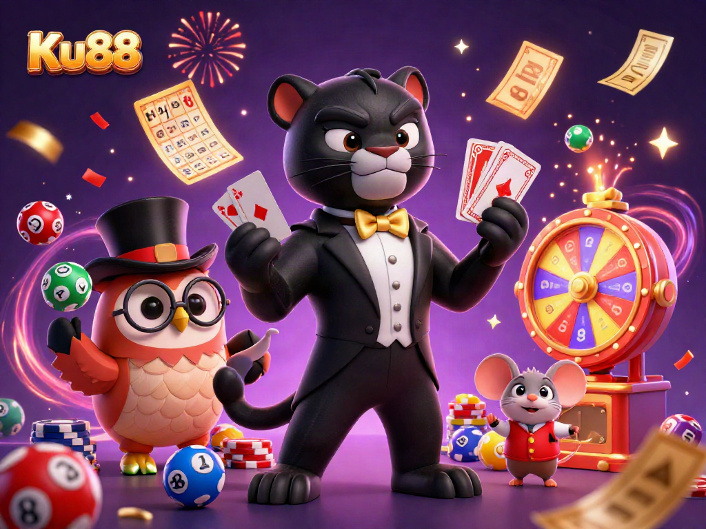 Engage with luck at Ku88 while the stylish panther deals cards surrounded by vibrant gambling elements.