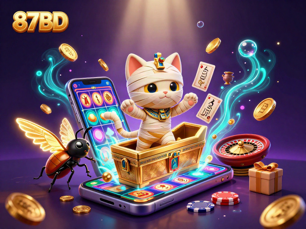 Experience the excitement of 87BD while our Egyptian mummy cat and friends burst with glowing energy in a pyramid casino.