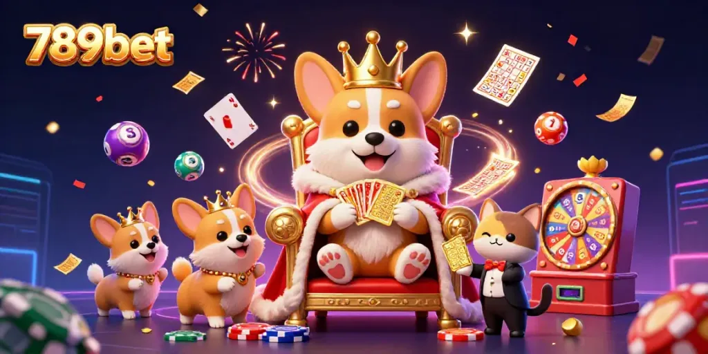 Immerse yourself in the vibrant world of 789bet with a royal corgi, a cat butler, and colorful lottery elements.