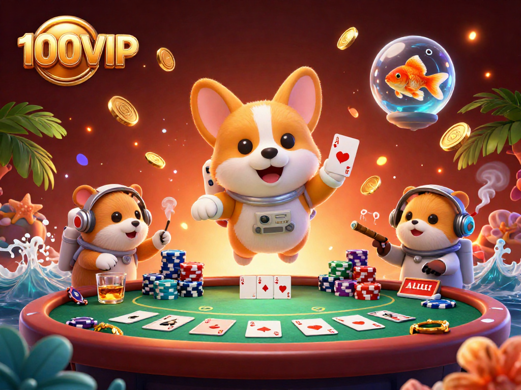 Experience the excitement of 100VIP with a vibrant casino scene of floating characters and poker action.