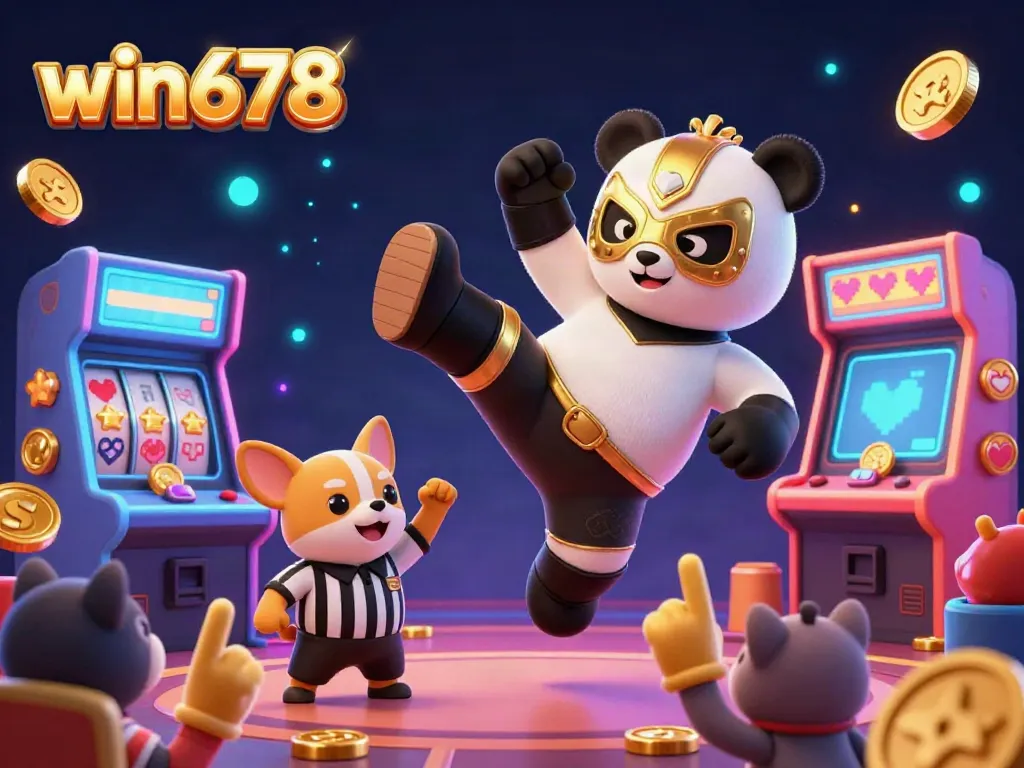 Experience win678’s vibrant casino world where a panda wrestler takes flight amidst a cheering crowd.