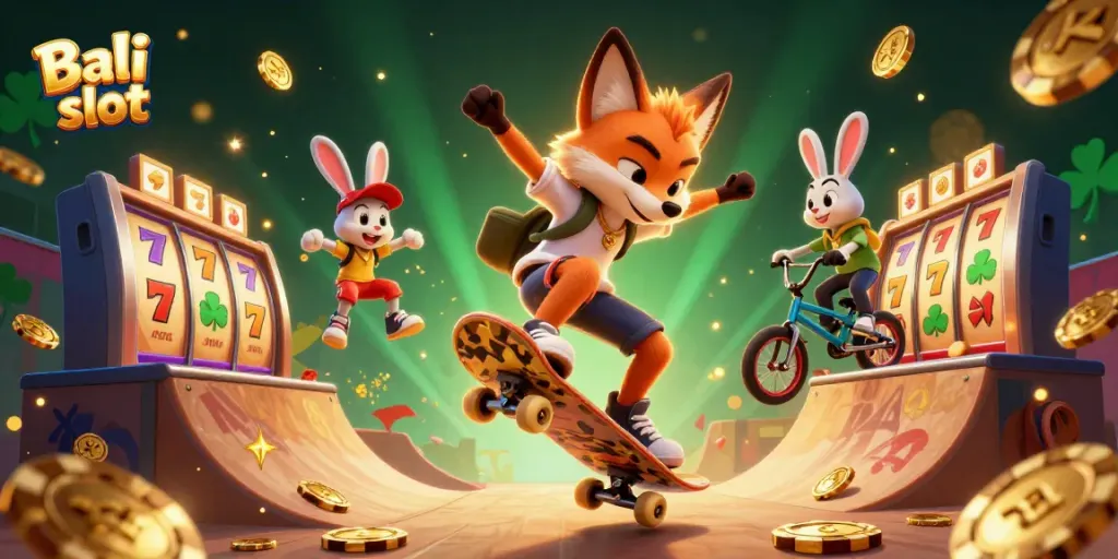 Bali slot illustration featuring a 3D cartoon fox and rabbit amidst colorful slot reels and golden coins.