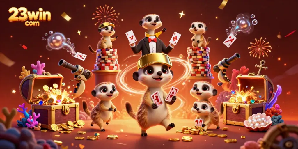 Meerkats operating a vibrant casino scene with elements like gold coins and playing cards representing 23win com.