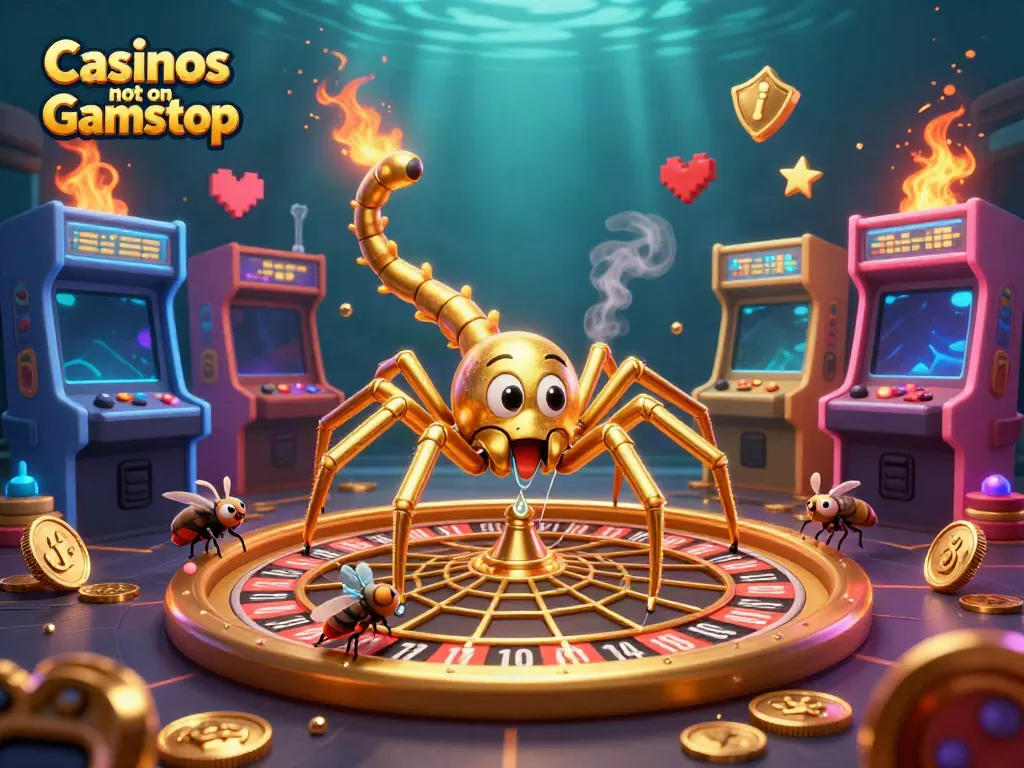 Experience thrilling gameplay at Casinos not on Gamstop with a vibrant 3D illustration of a golden spider roulette wheel.