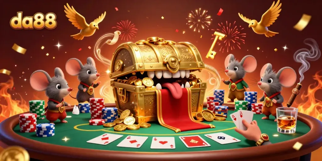 Join the excitement at da88 with a vibrant casino illustration showcasing golden treasures and poker elements.