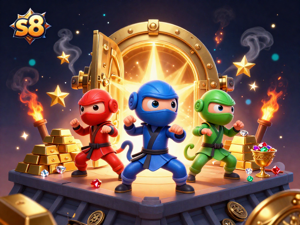 s8 showcases ninja chameleons in martial arts poses among treasures and casino elements