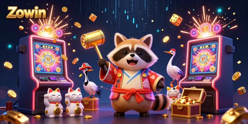 Experience the excitement of Zowin with a vibrant scene featuring a cheerful tanuki, symbols of luck, and casino riches.