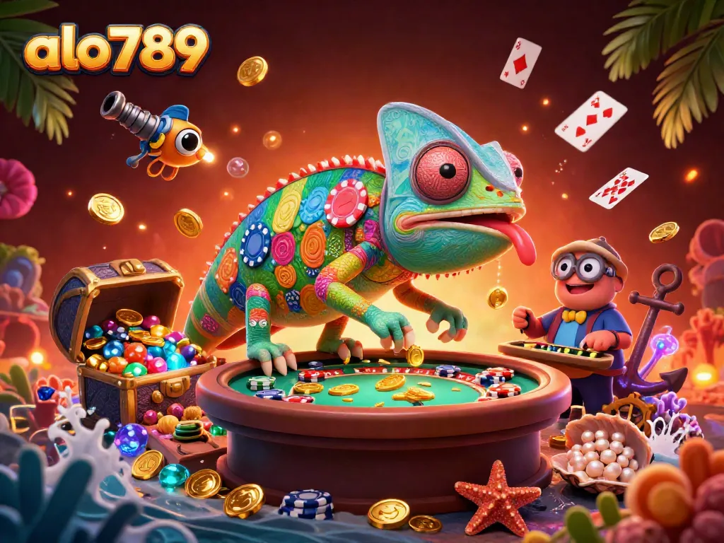 Experience thrilling excitement at alo789 as the chameleon casino owner captures coins in a vibrant casino atmosphere.