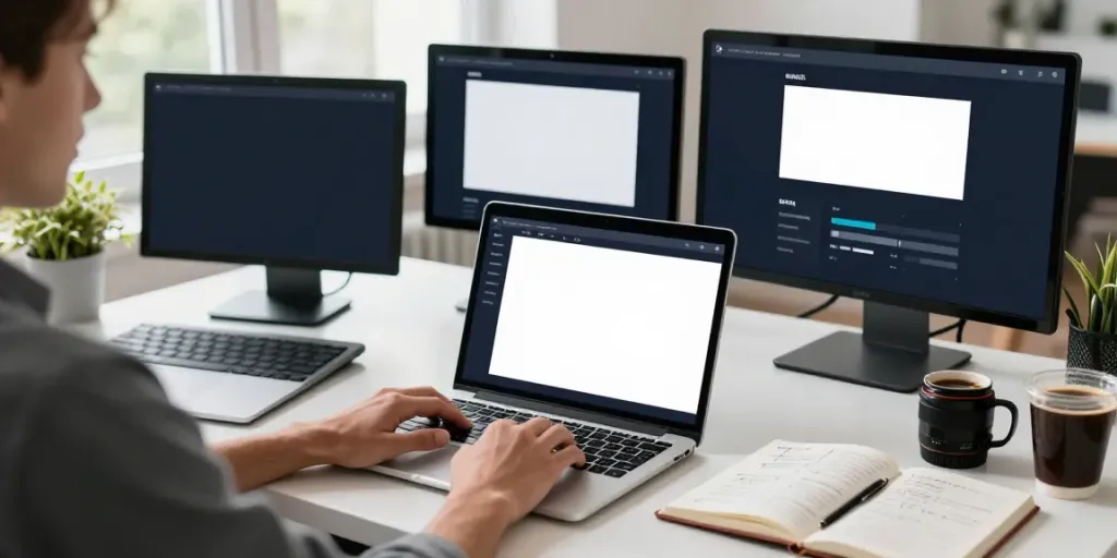 Content strategist analyzing data in a digital marketing workspace, focusing on instant indexing.
