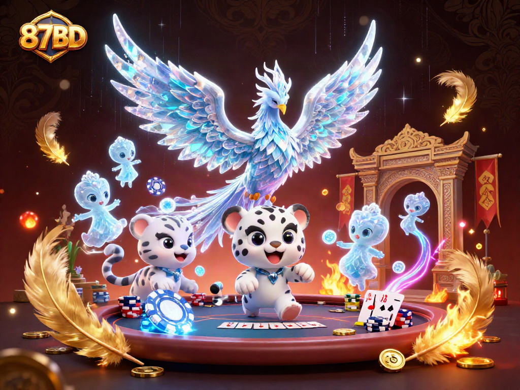Experience thrilling action with 87BD as a snow leopard cub plays with an ice poker chip, showcasing vibrant casino elements.