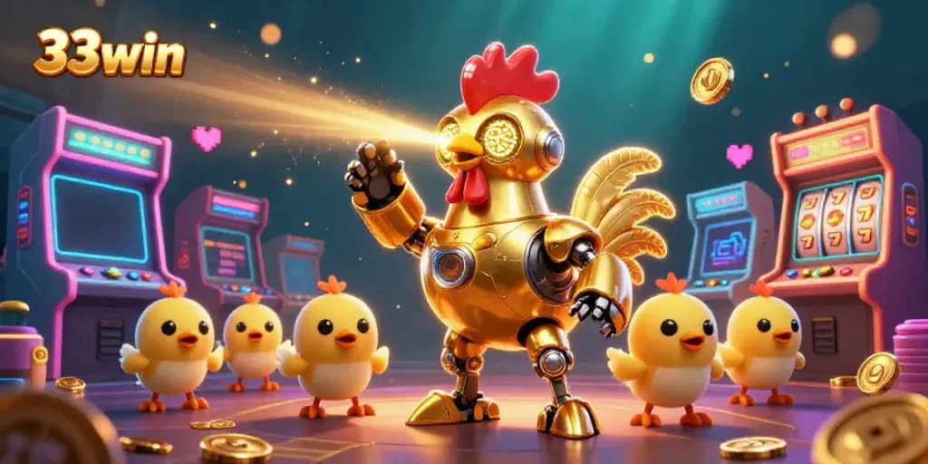 Engage in 33win's thrilling gaming adventure with vibrant characters and casino elements.