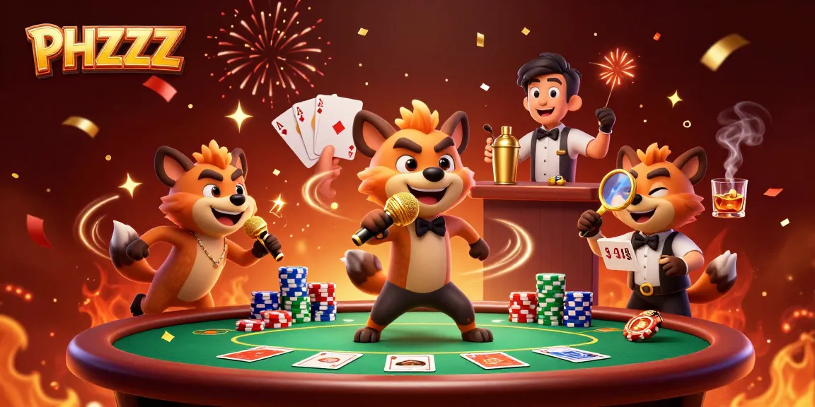 Enjoy the PHZZZ comedy casino experience with lively hyenas amidst poker excitement.