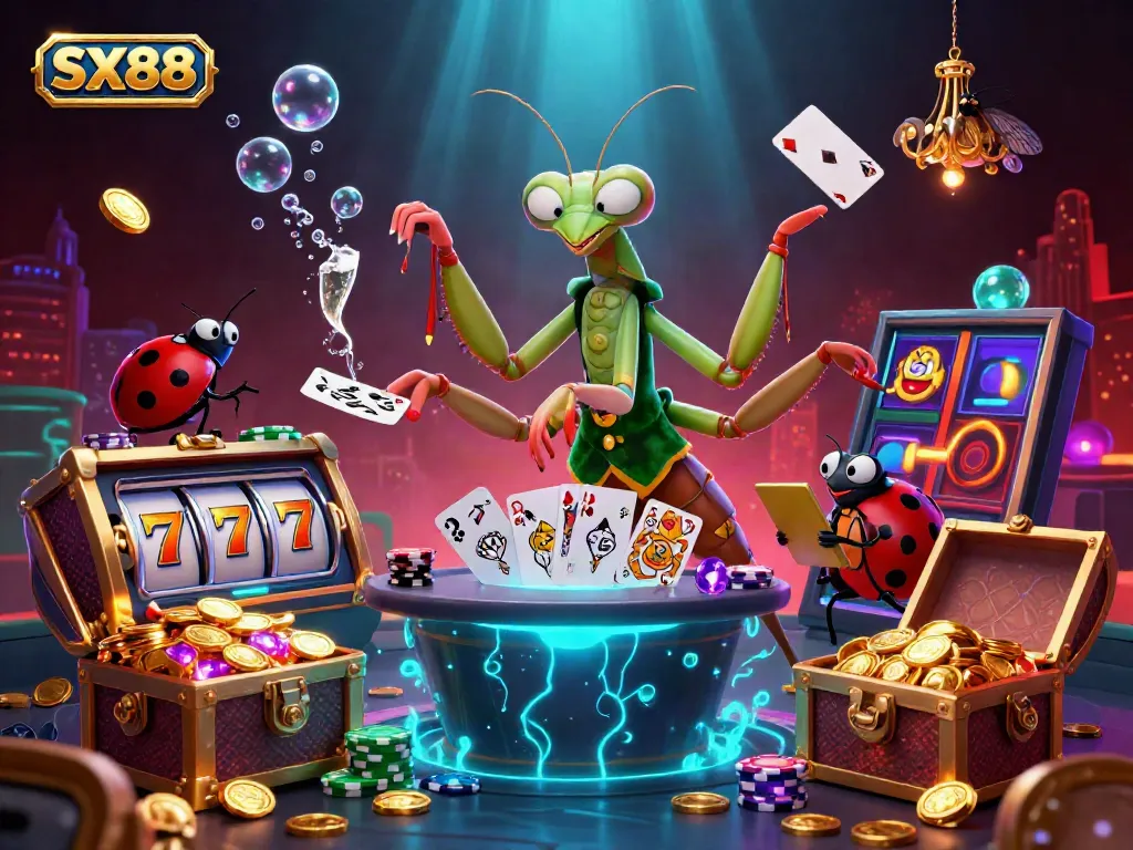SX88 engaging casino scene with a giant praying mantis card sharp, ladybug pit boss, and dynamic game elements.