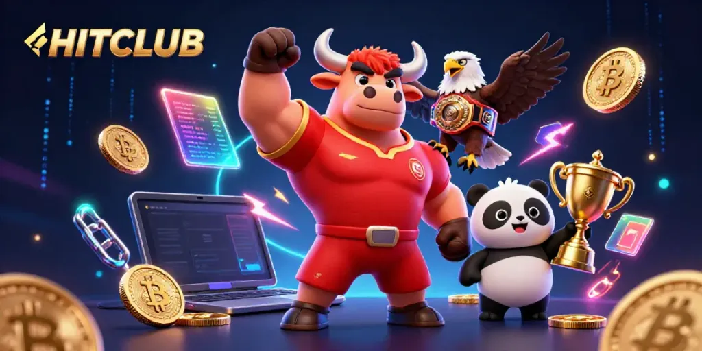 HITCLUB engages players with a vibrant 3D scene featuring a bull mascot, eagle, and panda amidst crypto elements.