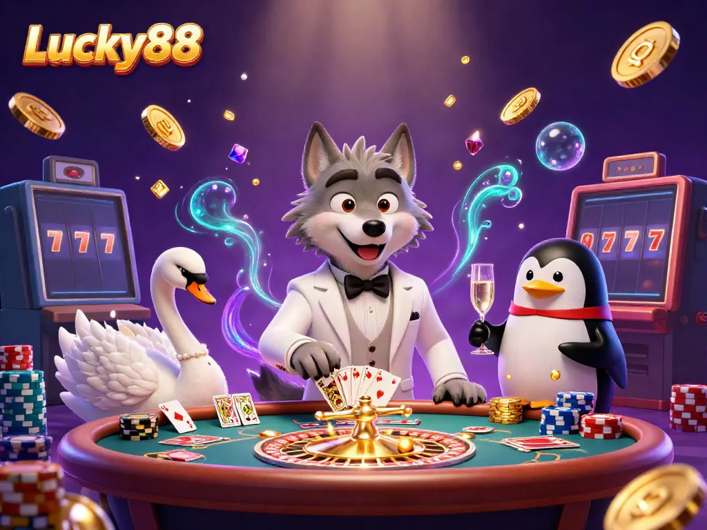 Experience the excitement of Lucky88 with a cartoon wolf, swan, and penguin in a vibrant casino scene.