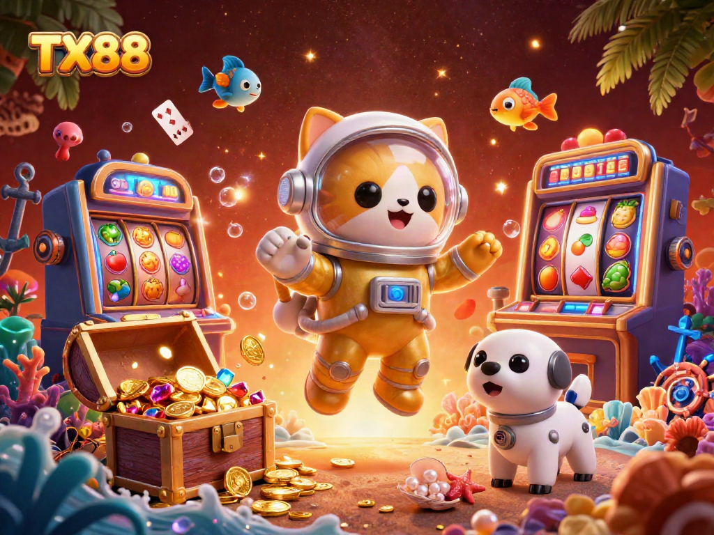 Experience the excitement of TX88 with vibrant slot reels and an animated jackpot counter amidst a cosmic adventure.