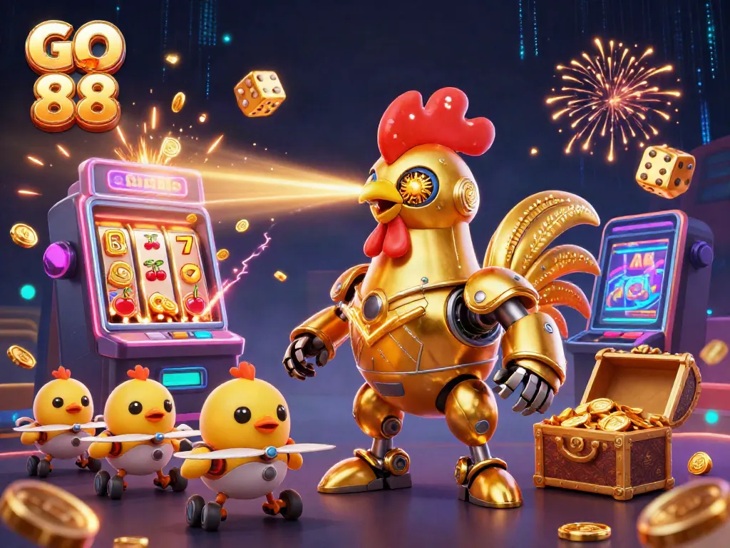 Experience exciting gameplay at GO 88 with vibrant 3D cartoon elements, including a golden rooster and baby chick drones.