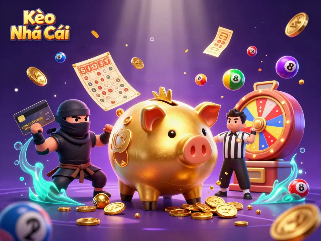 Kèo Nhà Cái shows dynamic sports betting features with a golden piggy bank sumo wrestler surrounded by vibrant colorful elements.