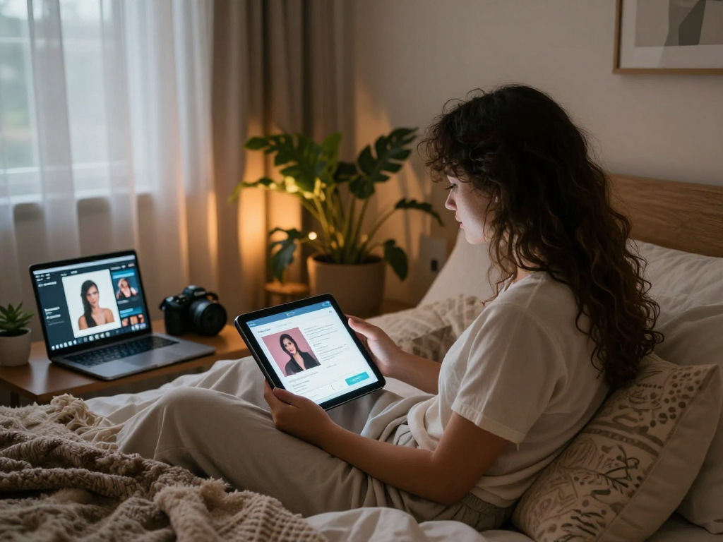 Couple exploring ai sex technology in an intimate bedroom setting with soft lighting.