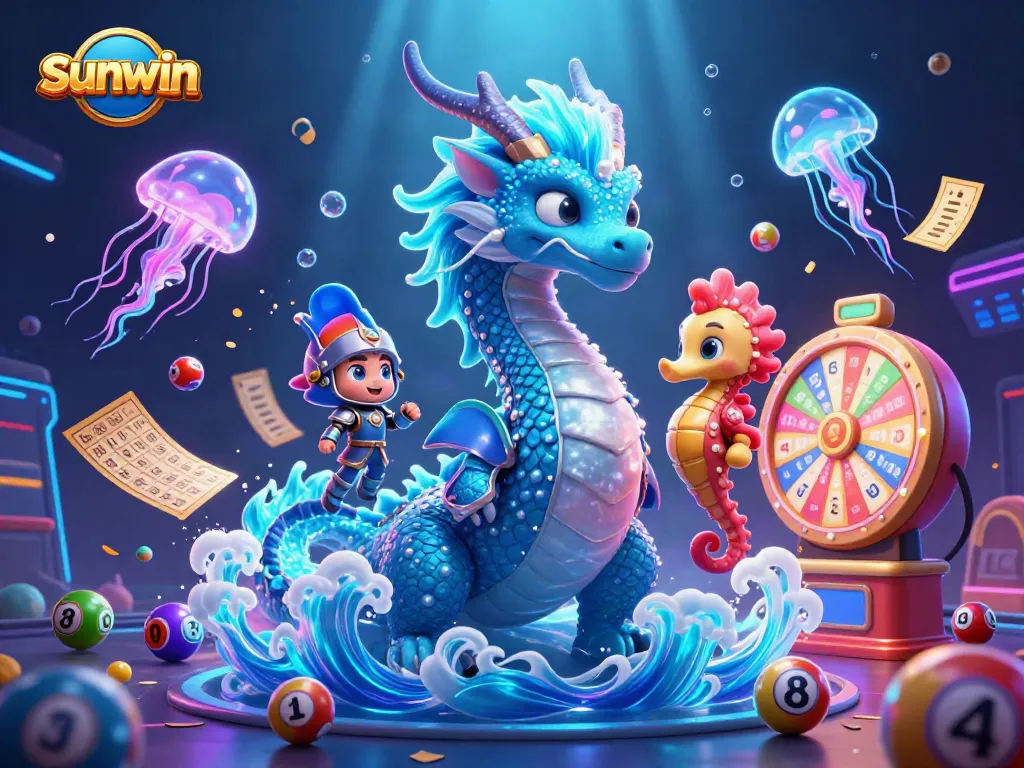 Engage with sunwin's vibrant world of gaming with a dynamic scene featuring a water dragon and lottery elements.