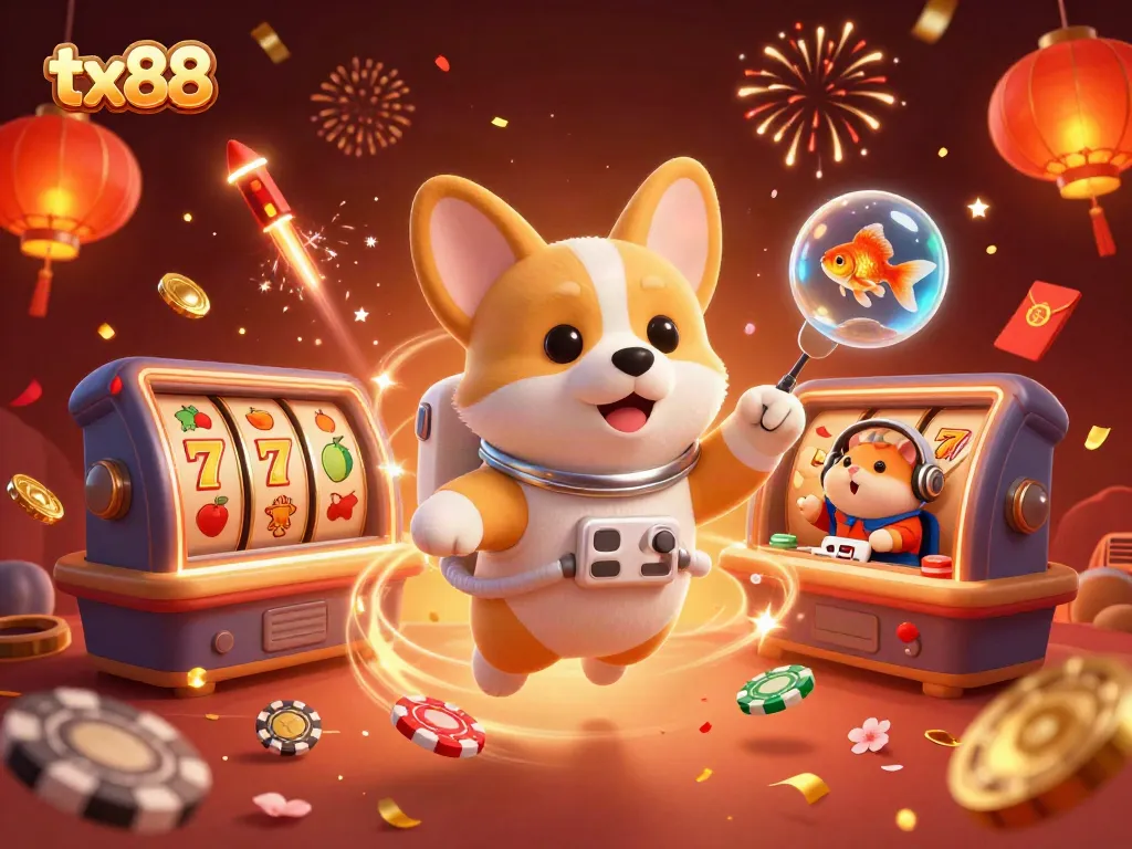 Experience the thrill of tx88 in a dynamic casino scene with floating poker chips and a cartoon astronaut corgi.