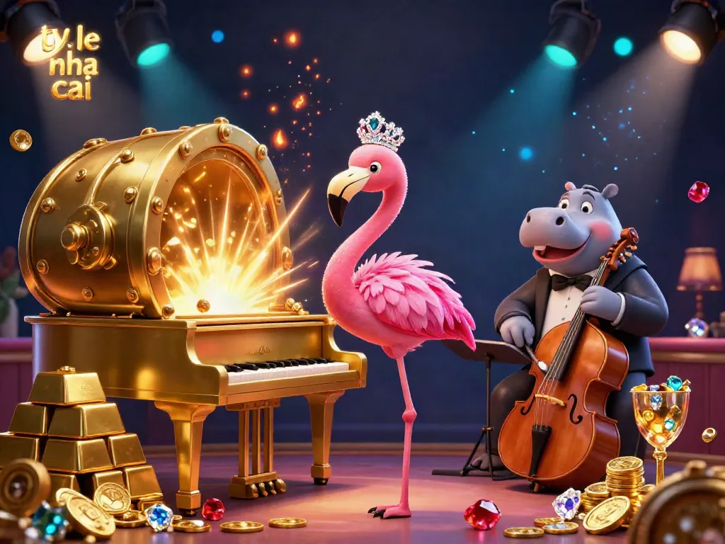 Experience the exciting ty le nha cai with extravagant casino visuals featuring a flamingo singer and dynamic gold elements.