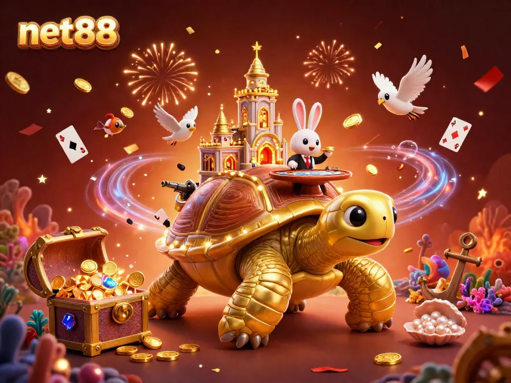 Experience the exciting world of net88, where a rabbit dealer hosts a vibrant casino atop a golden tortoise.