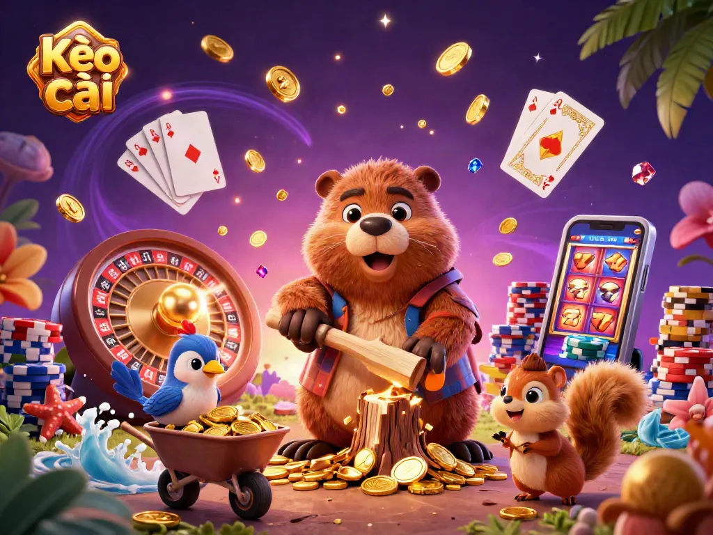 Experience Kèo nhà cái gameplay with engaging characters and dynamic casino elements in this lively illustration.