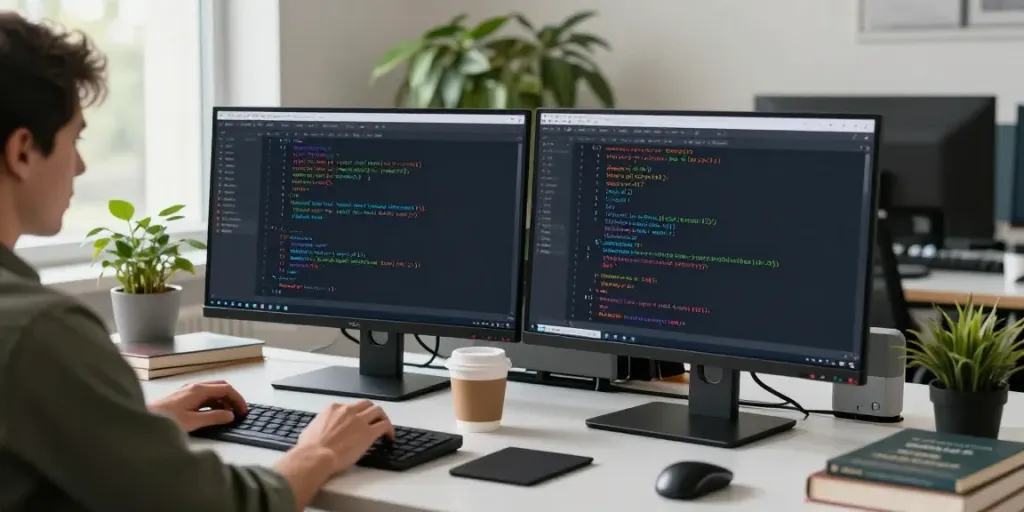 Focused developer in a modern workspace coding to publish software article with dual monitors and natural light.