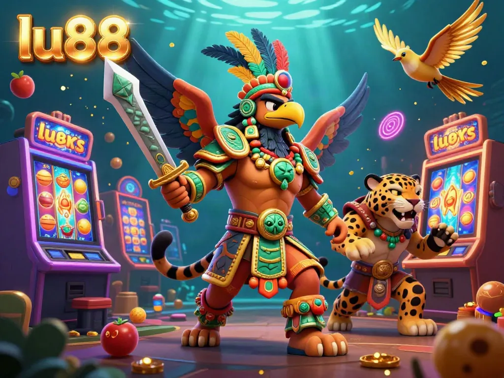 Experience thrilling gameplay at lu88 with vibrant slot machines and dynamic characters in a rich casino scene.