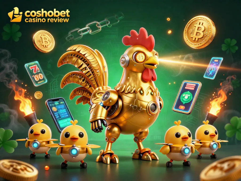 Experience the excitement with the cosmobet casino review, showcasing a retro-futuristic golden rooster and crypto elements.