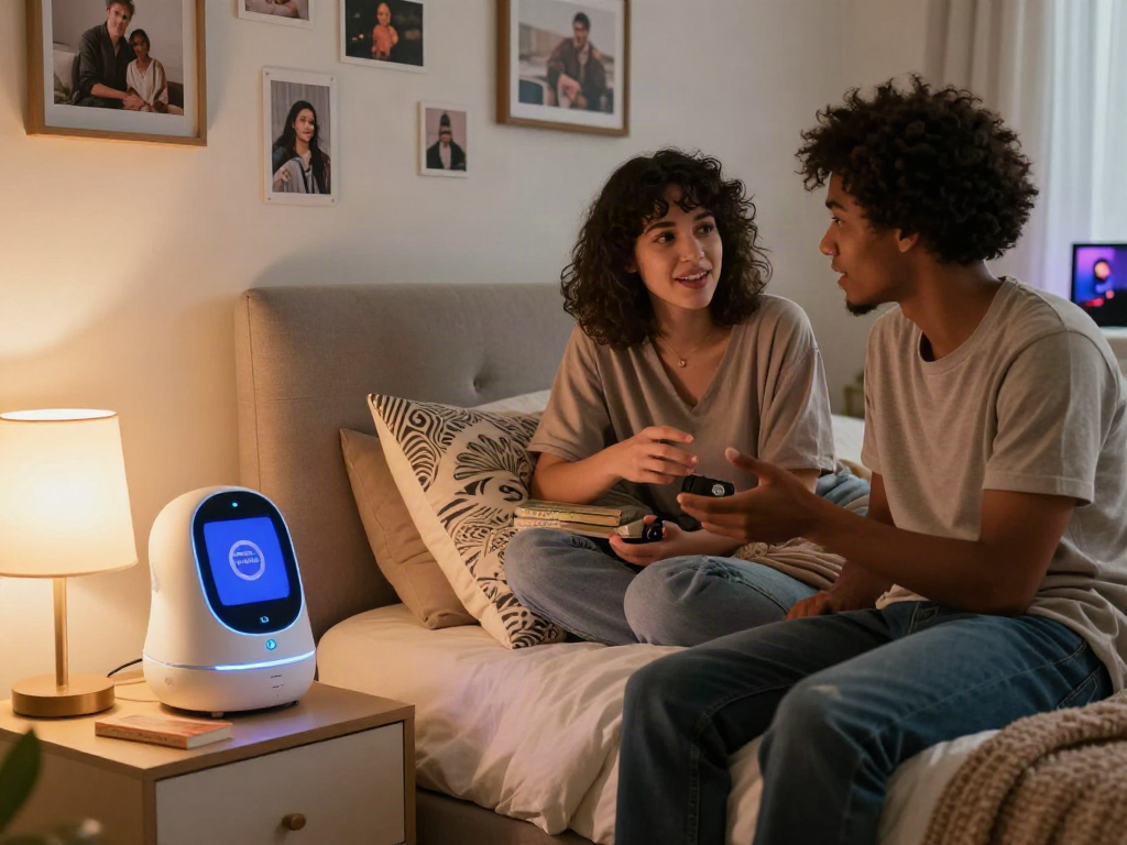 Engaging in AI sex companionship conversation in a cozy bedroom with soft lighting.