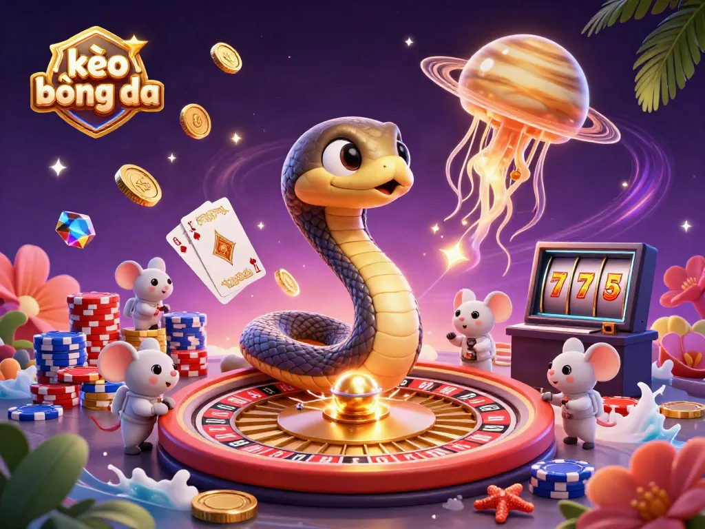 Engage with kèo bóng đá in a vibrant, cosmic casino scene with bets and excitement.