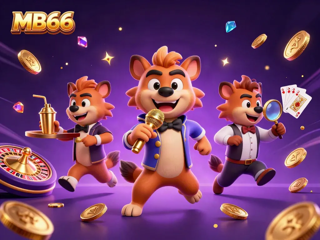 Experience the excitement at MB66's dynamic casino scene with game elements and animated hyenas.