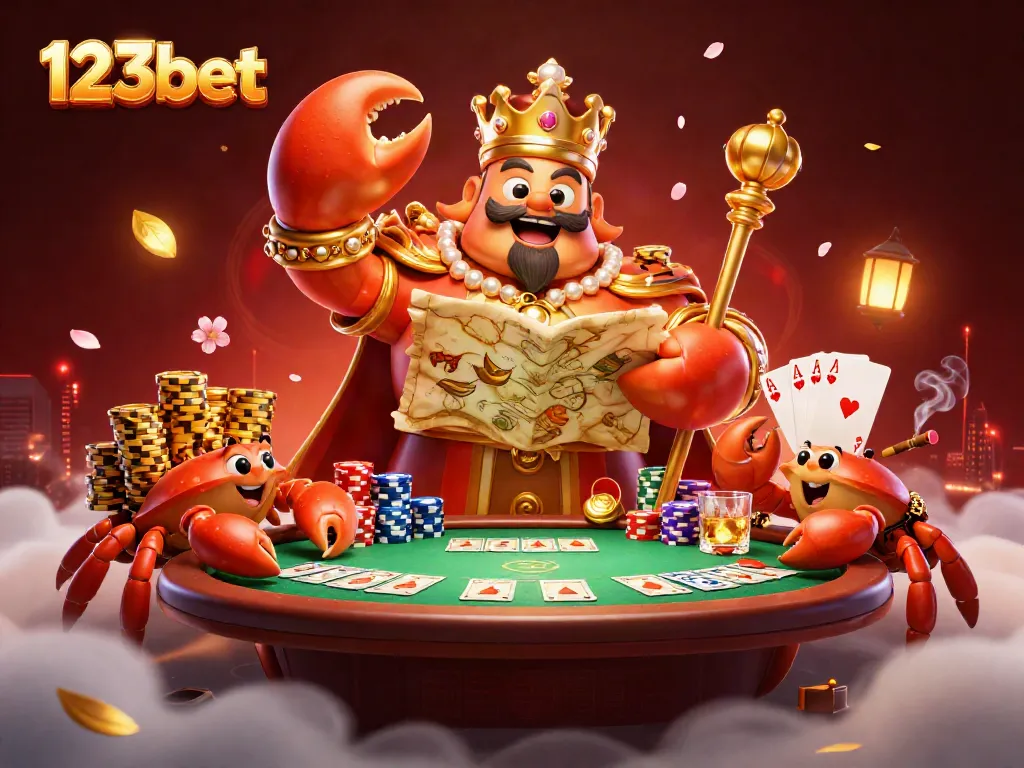 Experience the thrill of 123bet with a 3D emperor crab, poker elements, and golden chips.