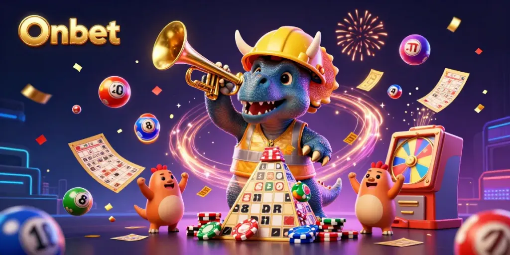 Engage with Onbet's vibrant 3D casino scene featuring celebratory dinosaurs and lottery elements.
